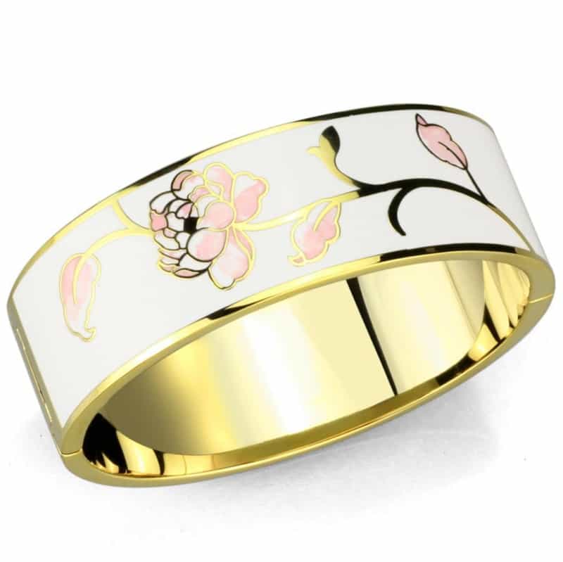 3W1017 - Gold White Metal Bangle With Epoxy In White