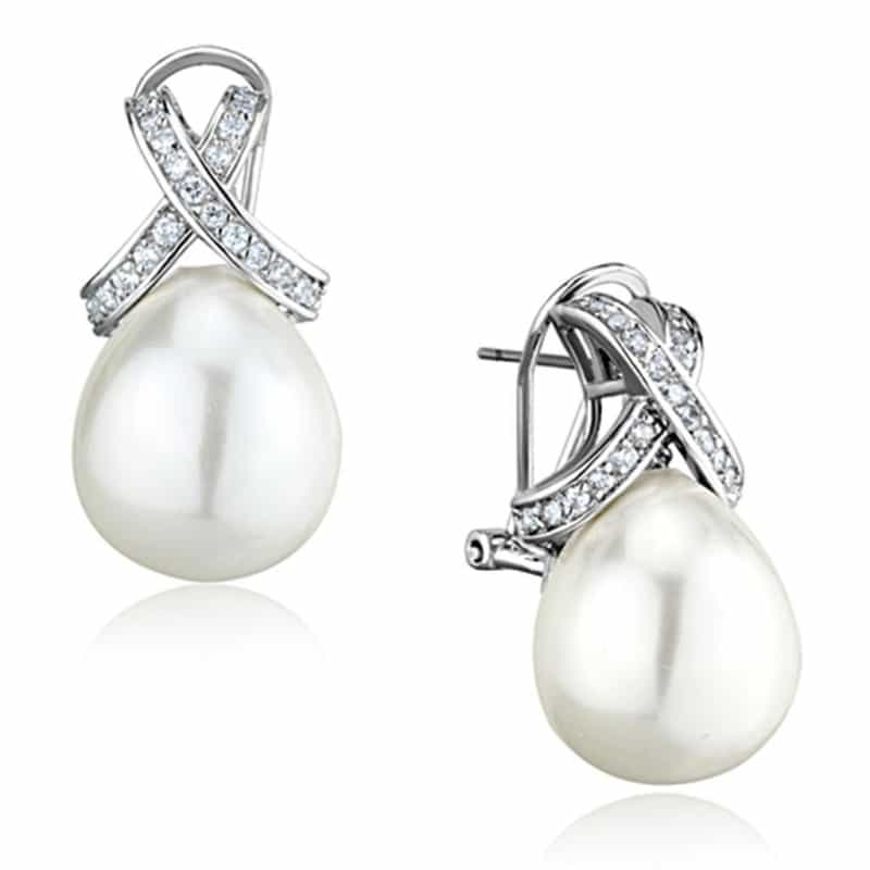 Rhodium Brass Earrings With Synthetic Pearl In White