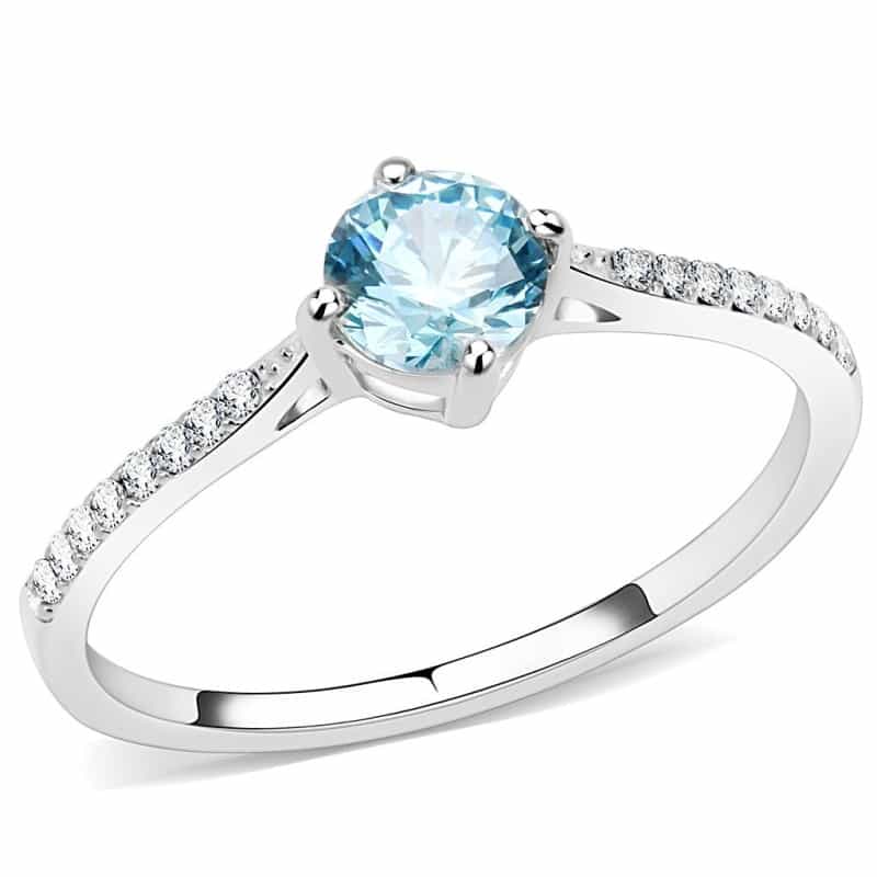 Da019 - High Polished (No Plating) Stainless Steel Ring With Aaa Grade Cz In Sea Blue