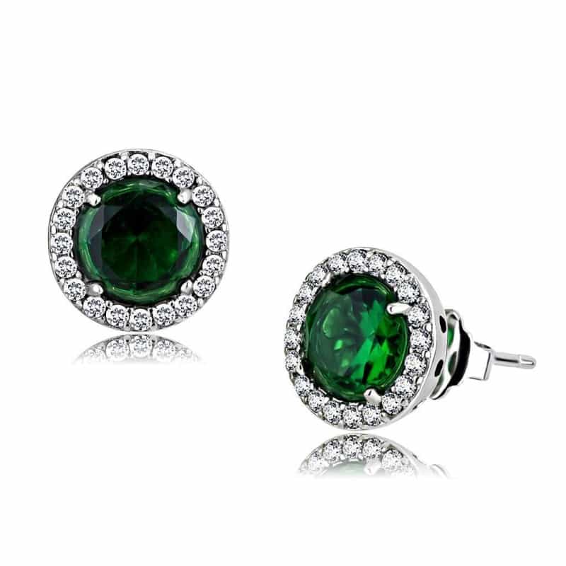 High Polished (No Plating) Stainless Steel Earrings With Synthetic Synthetic Glass In Emerald