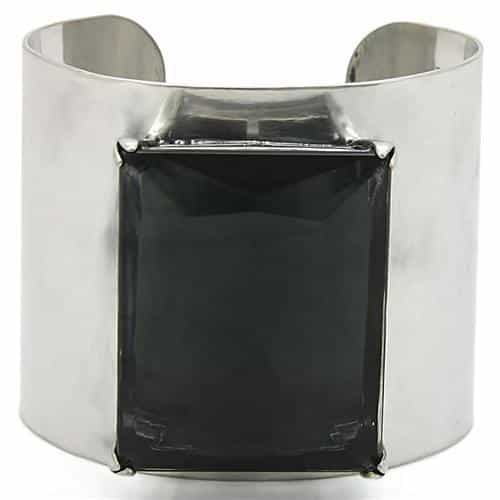 Lo1145 - Antique Silver Brass Bangle With Synthetic Synthetic Glass In Black Diamond - 6.75"