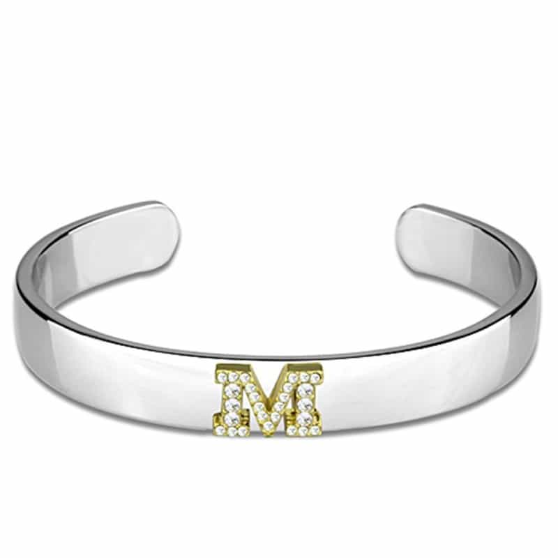 Lo3624 - Reverse Two-Tone White Metal Bangle With Top Grade Crystal In Clear - 6.75"