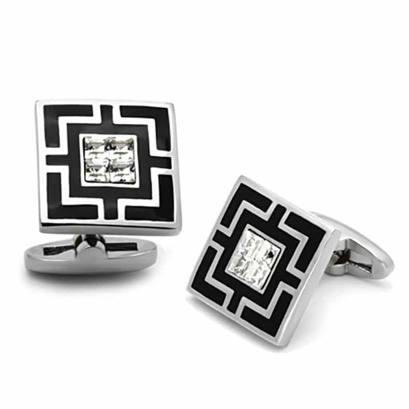 High Polished (No Plating) Stainless Steel Cufflink With Top Grade Crystal In Clear