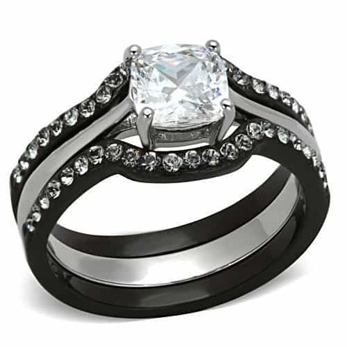 Tk1343 - Two-Tone Ip Black Stainless Steel Ring With Aaa Grade Cz In Clear