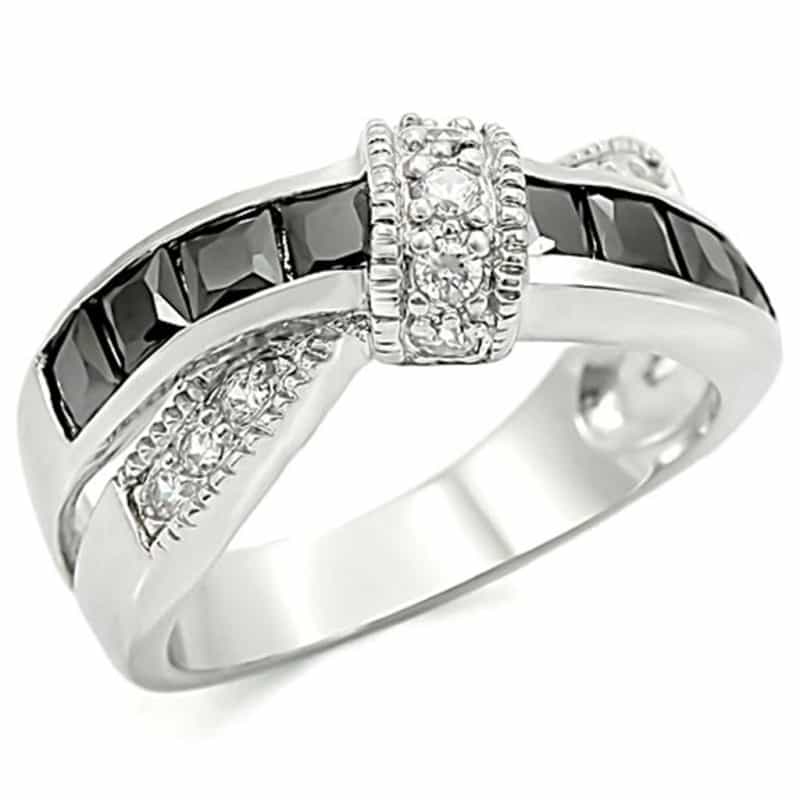 Tk1494 - High Polished (No Plating) Stainless Steel Ring With Aaa Grade Cz In Jet