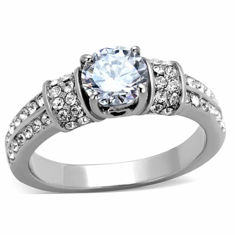 Tk1921 - High Polished (No Plating) Stainless Steel Ring With Aaa Grade Cz In Clear