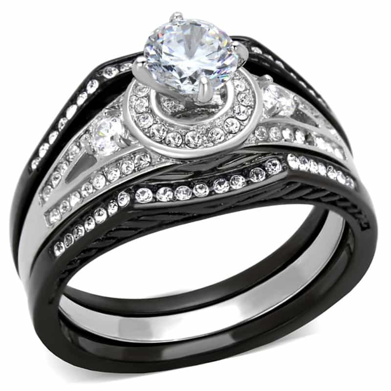 Tk2044 - Two-Tone Ip Black Stainless Steel Ring With Aaa Grade Cz In Clear