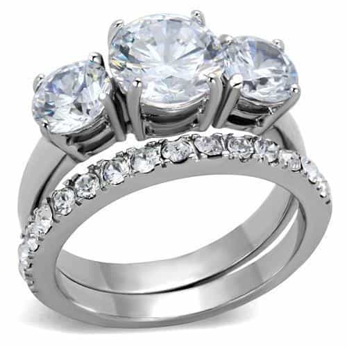 Tk2177 - High Polished (No Plating) Stainless Steel Ring With Aaa Grade Cz In Clear
