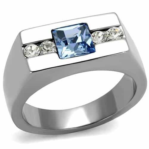Tk2307 - High Polished (No Plating) Stainless Steel Ring With Top Grade Crystal In Aquamarine