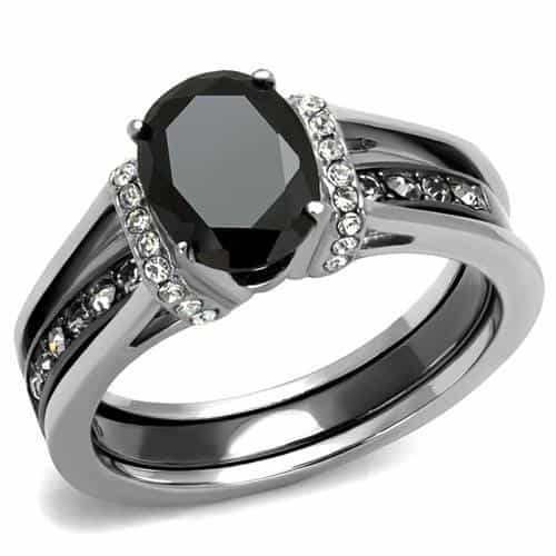 Tk2971 - Two-Tone Ip Black Stainless Steel Ring With Synthetic Synthetic Glass In Jet