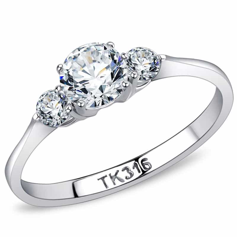 Tk3431 - High Polished (No Plating) Stainless Steel Ring With Aaa Grade Cz In Clear