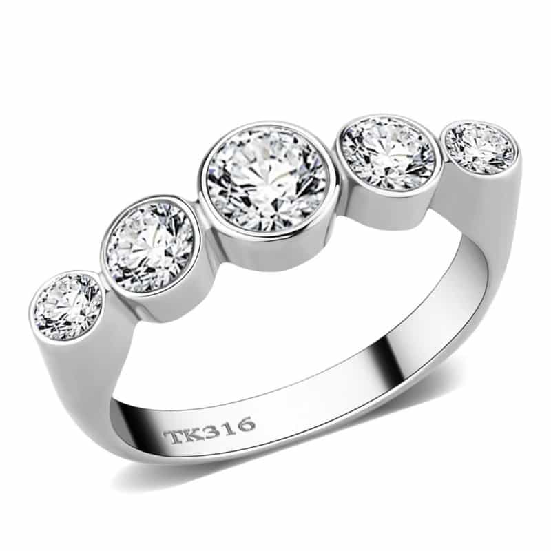 Tk3697 - High Polished (No Plating) Stainless Steel Ring With Aaa Grade Cz In Clear