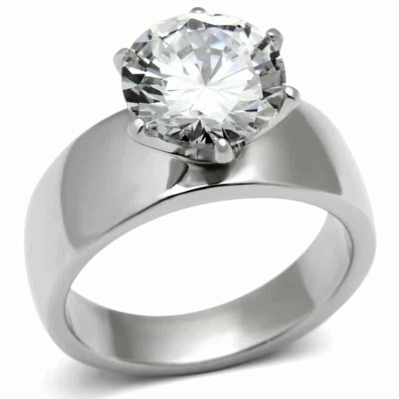 Tk520 - High Polished (No Plating) Stainless Steel Ring With Aaa Grade Cz In Clear