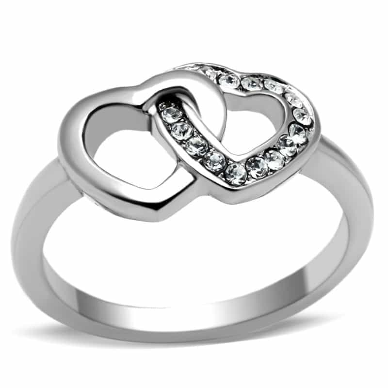 Tk695 - High Polished (No Plating) Stainless Steel Ring With Top Grade Crystal In Clear