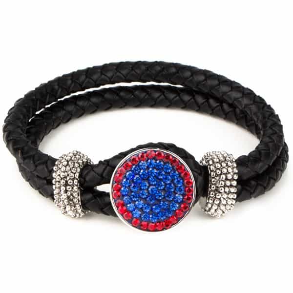 1-Snap Black Leather Bracelet - Sapphire/Light Siam (Periwinkle/Red)