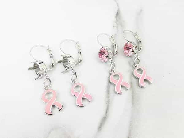 Lever Back One Drop With Breast Cancer Awareness Ribbon Charm Earring, 8.5Mm, Rhodium - Pair