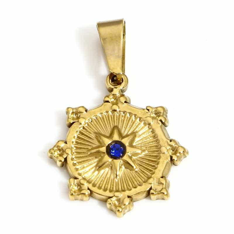 1 Piece Vacuum Plating 304 Stainless Steel Galaxy Charms Gold Plated Round Sun Blue Rhinestone 22Mm X 14.5Mm