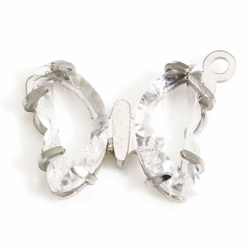 1 Piece 304 Stainless Steel & Glass Birthstone Charms Silver Tone Transparent Clear Butterfly Animal 16Mm X 14Mm