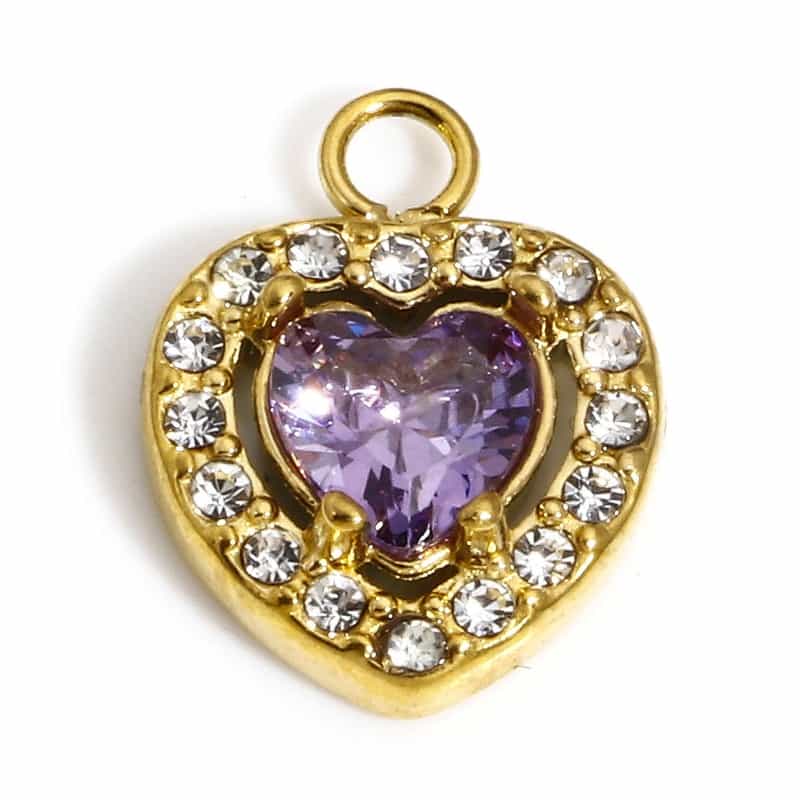 1 Piece Vacuum Plating 304 Stainless Steel Stylish Charms Gold Plated Heart Purple & Transparent Rhinestone 13Mm X 10Mm