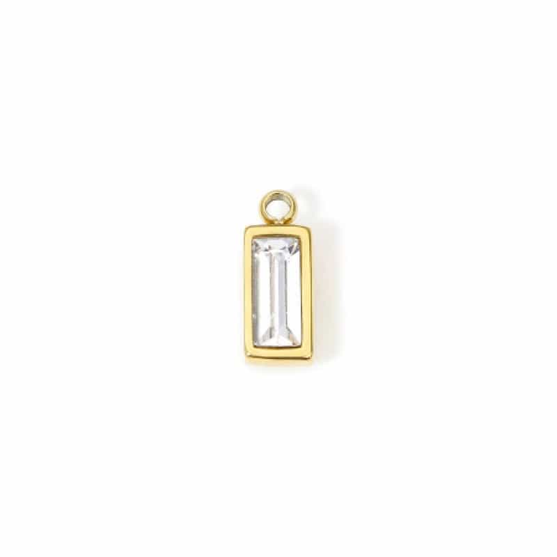 1 Piece Eco-Friendly Pvd Vacuum Plating Waterproof Anti-Tarnish Hypoallergenic 304 Stainless Steel April Birthstone Charms 14K Real Gold Plated Rectangle Mini Clear Cubic Zirconia 11Mm X 4Mm