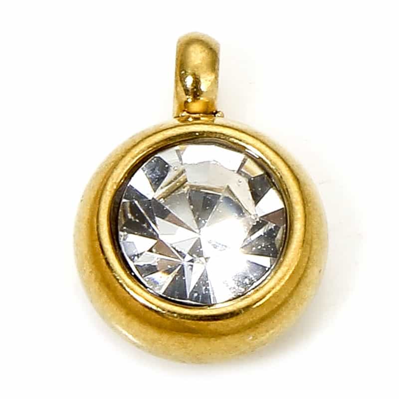 2 Pcs Eco-Friendly 304 Stainless Steel Birthstone Charms Gold Plated Round Clear Rhinestone 8.5Mm X 6Mm