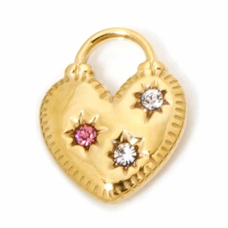 1 Piece Eco-Friendly Vacuum Plating 304 Stainless Steel Birthstone Charms Gold Plated Heart Lock Pink Rhinestone Clear Cubic Zirconia 17.5Mm X 14Mm