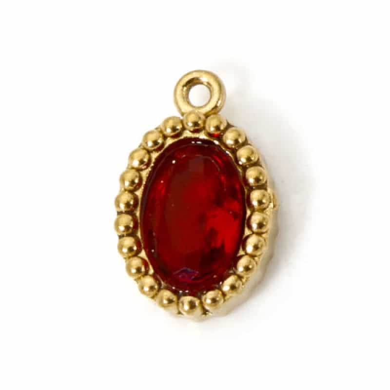 5 Pcs Eco-Friendly Vacuum Plating 304 Stainless Steel Mini Charms 18K Real Gold Plated Oval Red Rhinestone 10Mm X 6.5Mm