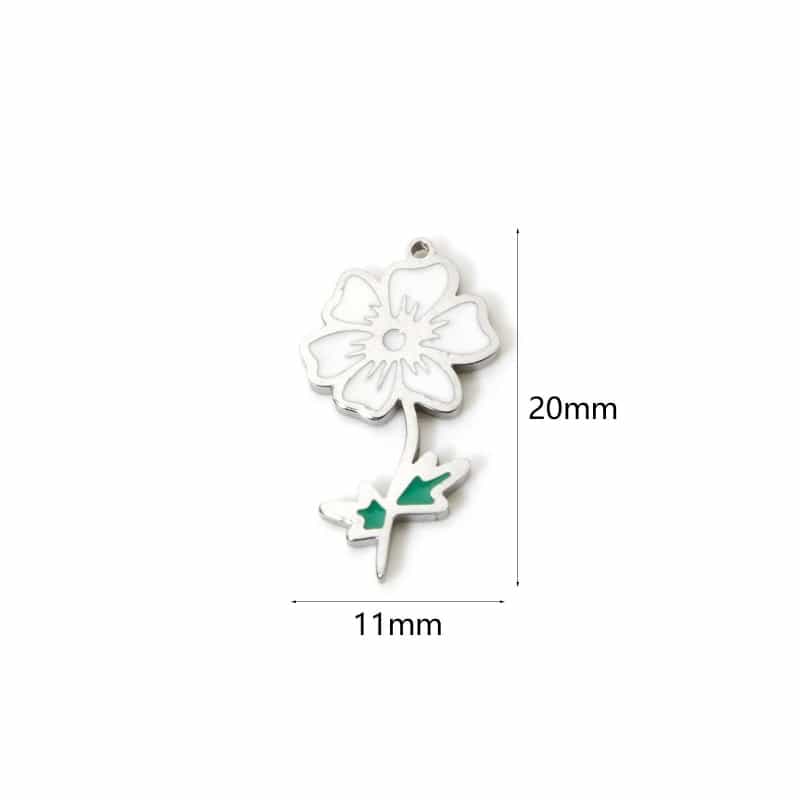 1 Piece Eco-Friendly 304 Stainless Steel Birth Month Flower Charms Silver Tone White & Green Cosmos Flower October Enamel 20Mm X 11Mm