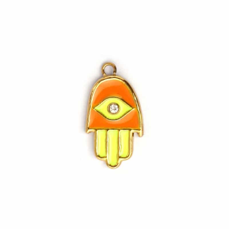 1 Piece Eco-Friendly Pvd Vacuum Plating Waterproof Anti-Tarnish Hypoallergenic 304 Stainless Steel Religious Charms 18K Real Gold Plated Fuchsia Enamel Hamsa Symbol Hand Clear Rhinestone 20.5Mm X 11Mm
