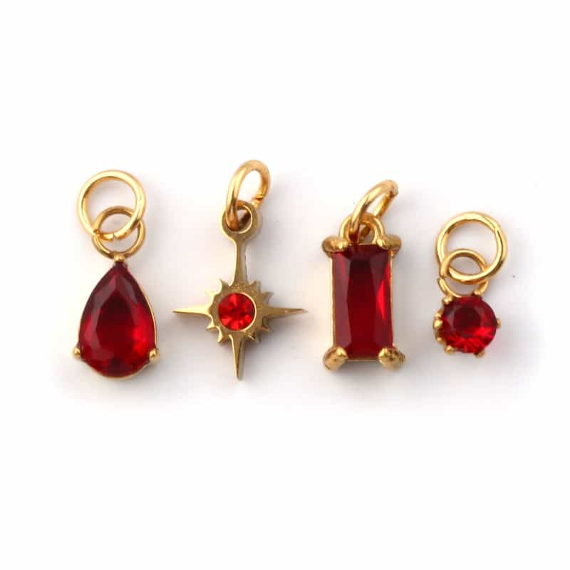 1 Set ( 4 Pcs/Set) Eco-Friendly Pvd Vacuum Plating Waterproof Anti-Tarnish Hypoallergenic 304 Stainless Steel January Birthstone Charms 18K Real Gold Plated Mini Wine Red Cubic Zirconia 12X7mm - 9X3.5Mm