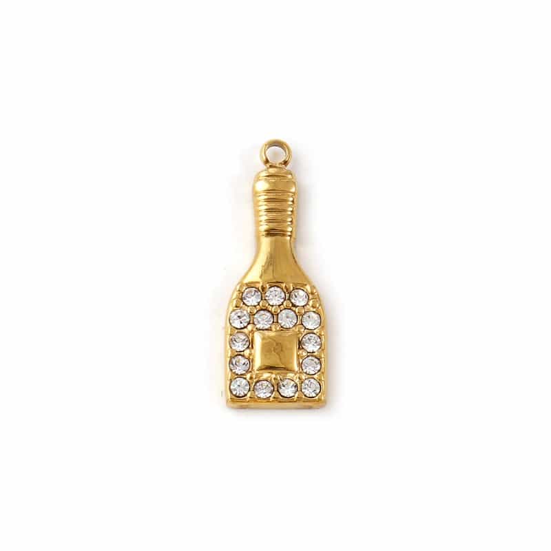 1 Piece Eco-Friendly Pvd Vacuum Plating Waterproof Anti-Tarnish Hypoallergenic 304 Stainless Steel Charms 18K Real Gold Plated Wine Bottle Micro Pave Clear Cubic Zirconia 21Mm X 8Mm