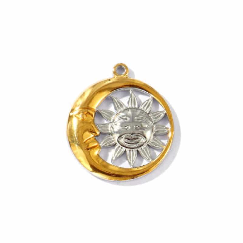 2 Pcs Eco-Friendly Pvd Vacuum Plating Waterproof Anti-Tarnish Hypoallergenic 304 Stainless Steel Galaxy Charms 18K Real Gold Plated & Silver Tone Round Sun & Moon Two Tone 29Mm X 25.5Mm