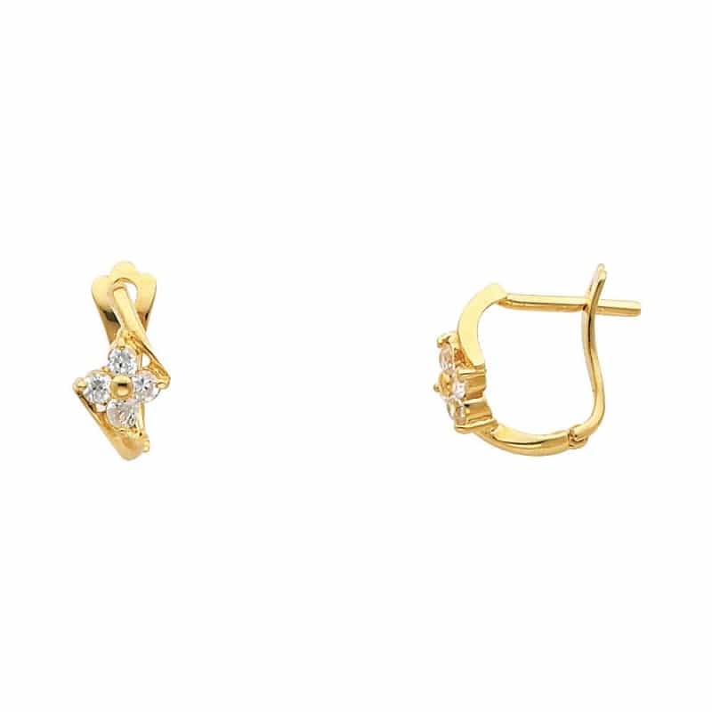 14K Gold Flower Cz Stone Huggie Hoops