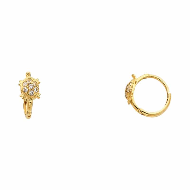 14K Gold Turtle Cz Stone Huggie Hoops