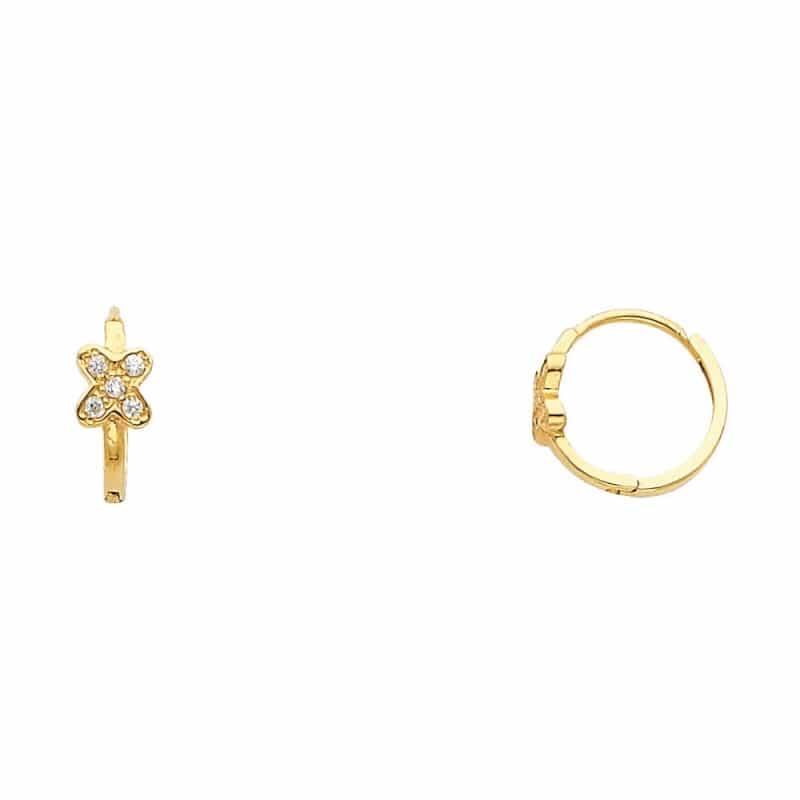 14K Gold Flower Cz Stone Huggie Hoops