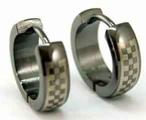 Black Checkered Stainless Steel Hoop Mens Earrings