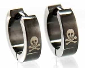 Mens Black Solid Stainless Steel Hoop Skull Earrings