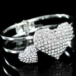 Bridal Double Heart Crystal Cuff Bangle Bracelet