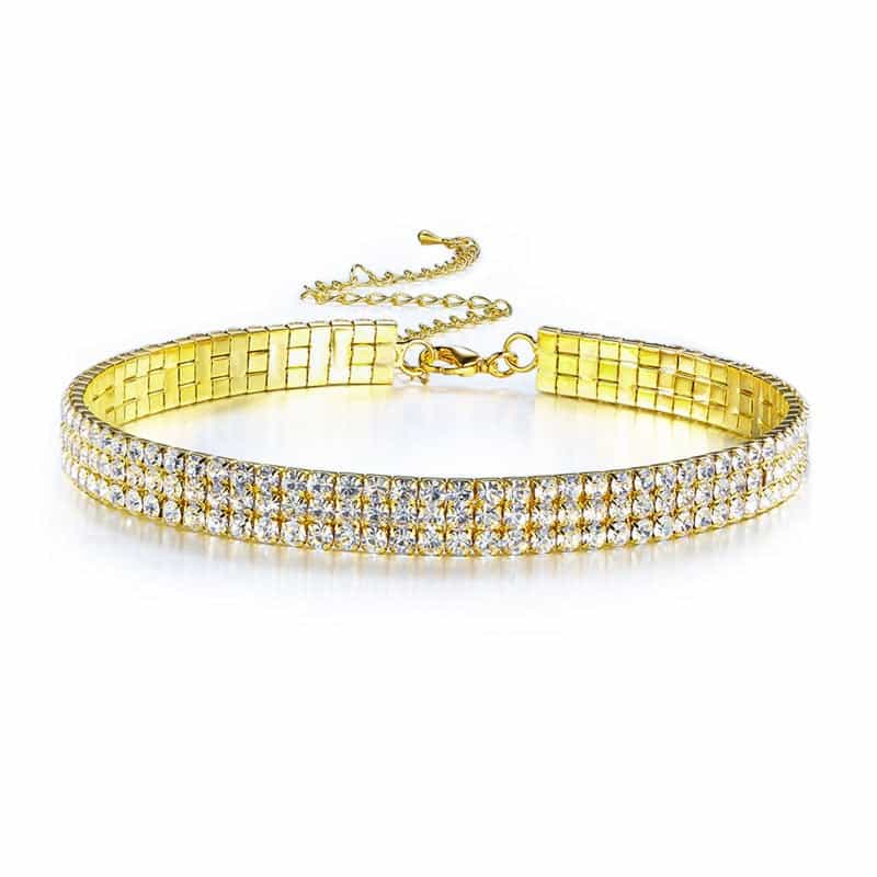 Bridal Wedding 3 Row Gold Rhinestone Choker