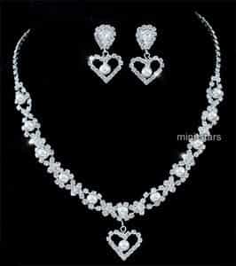 Bridal Wedding Party Heart Faux Pearl Crystal Necklace Earrings Set