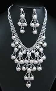 Drag Queen Crystal Faux Pearl Necklace Earrings Set