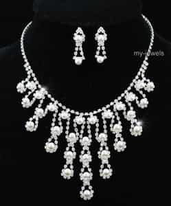 Bridal Queen White Faux Pearl Necklace Earrings Set