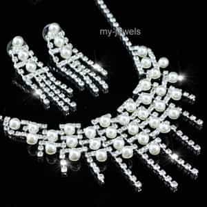 Bridal Queen White Faux Pearl Necklace Earrings Set