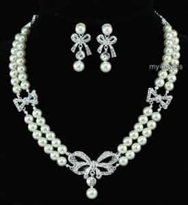 Bridal Ribbon Ivory Faux Pearl Necklace Set