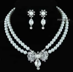 Bridal Flower White Faux Pearl Crystal Necklace Earrings Set
