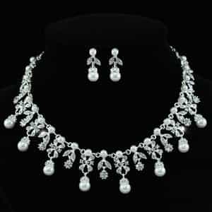 Bridal Faux Pearl Flower Necklace Earrings Set