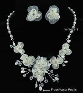 Bridal Ivory Fabric Water Pearl Necklace Earrings Set