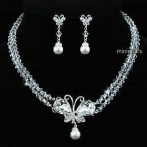 Bridal Butterfly Crystal Faux Pearl Necklace Earrings Set