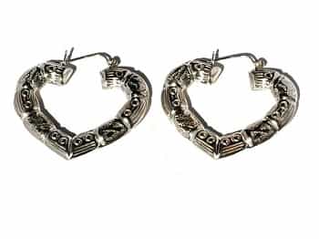 Sterling Silver Heart Shrimp Hoop Pin Catch Earrings With Etchings