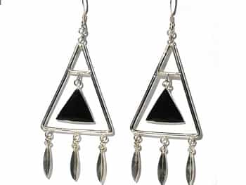 Sterling Silver Black Onyx Inlaid Suspened Triangle Earrings